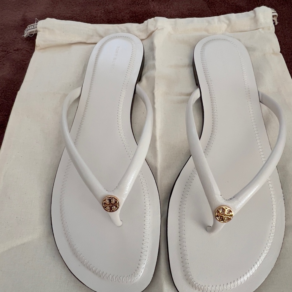 Tory Burch White Sandals with Gold Emblem